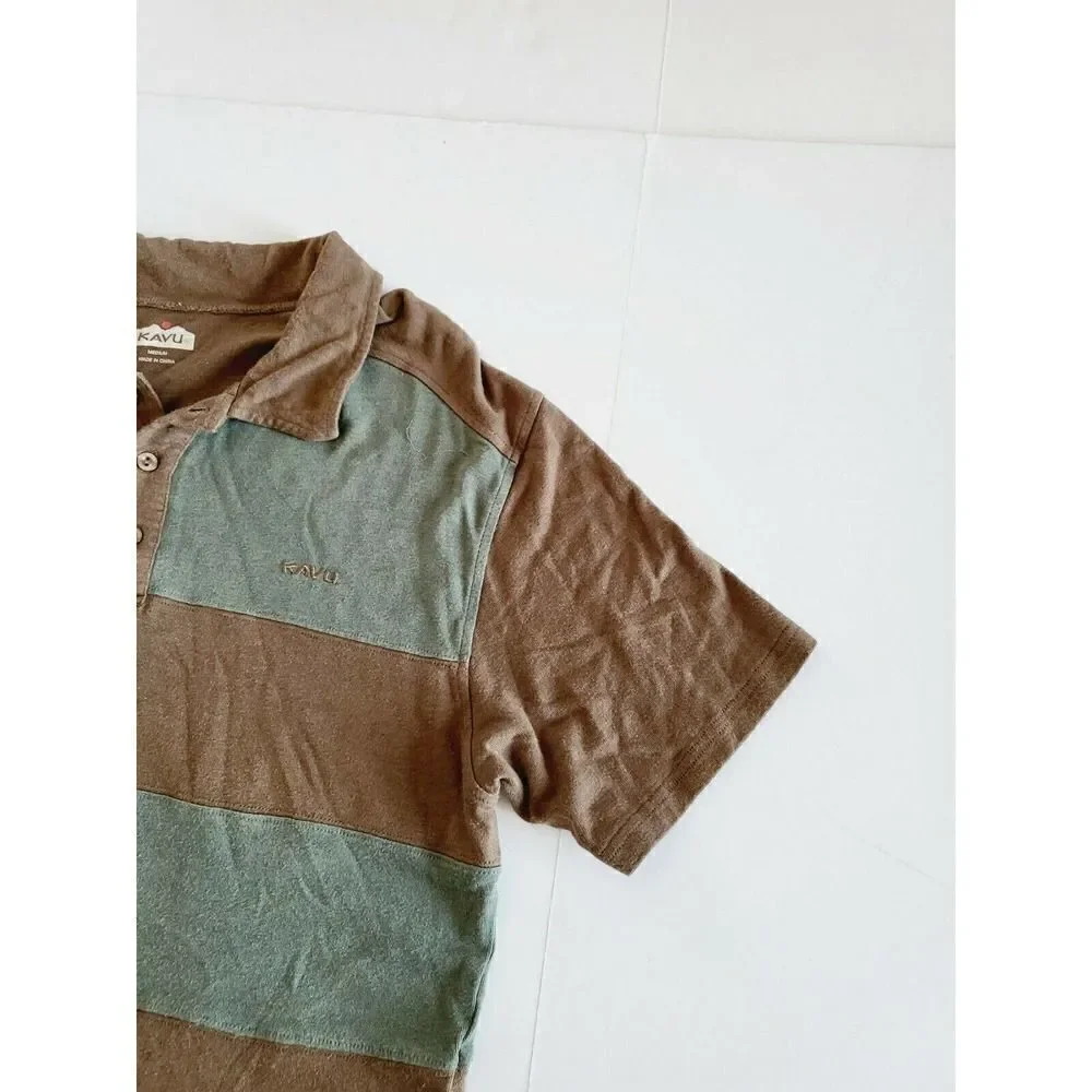 KAVU Men's Bamboo Polo Shirt Striped Short Sleeve Sz Medium Brown/Green